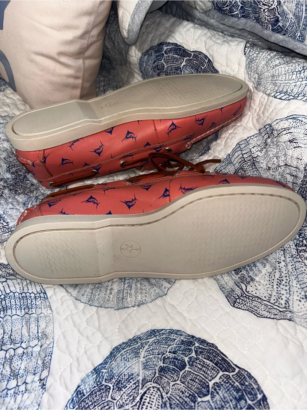 Froats coral with blue sailfish Printed Leather Boat Loafers with Brown Laces